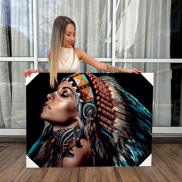 Quadro Decorativo Canvas Índia Com Cocar Horizontal