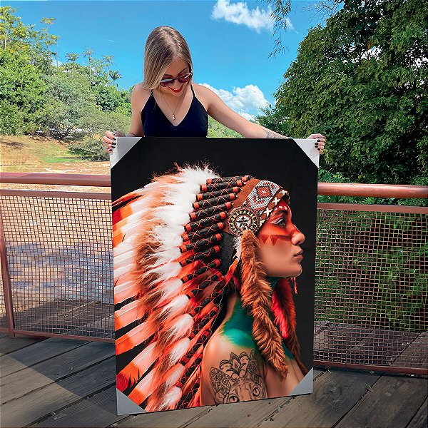 Quadro Decorativo Canvas Índia com Cocar Beleza Feminina Vertical