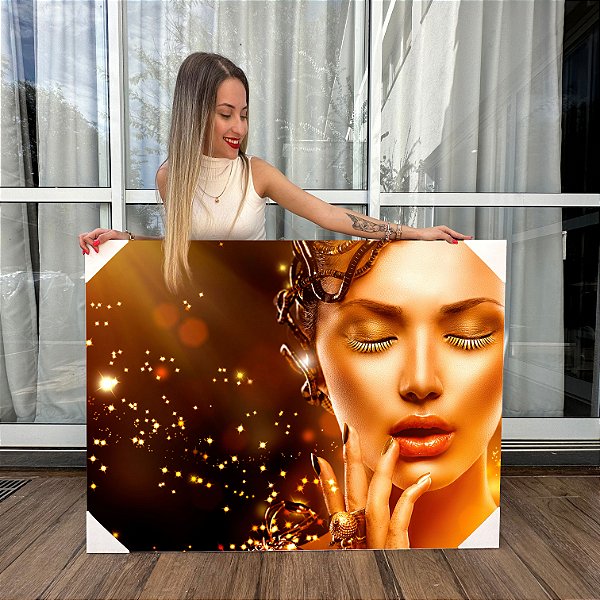 Quadro Decorativo Canvas Beleza Feminina Mulher com Maquiagem Dourada Horizontal