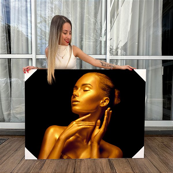 Quadro Decorativo Canvas Beleza Feminina Mulher com Maquiagem Dourada Horizontal
