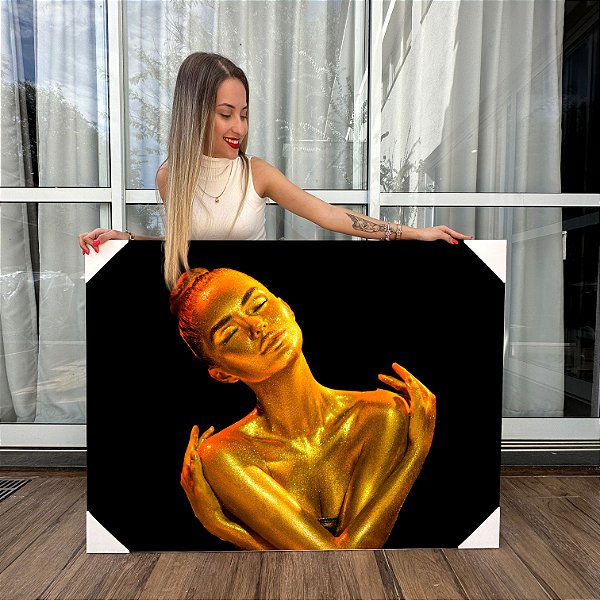 Quadro Decorativo Canvas Beleza Feminina Mulher com Maquiagem Dourada no Corpo Horizontal