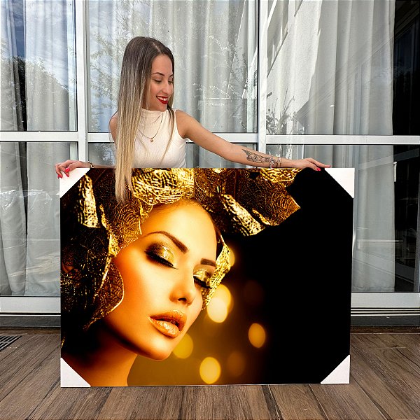 Quadro Decorativo Canvas Beleza Feminina Mulher com Detalhes dourados Horizontal