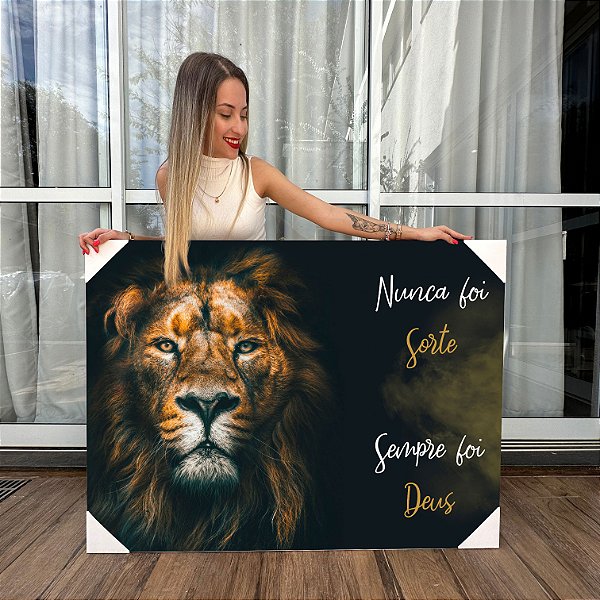 Quadro Decorativo Canvas Leão Nunca Foi Sorte Sempre Foi Deus Detalhes Dourados Horizontal