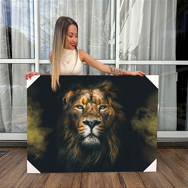 Quadro Decorativo Canvas Leão Colorido Com detalhes Dourados Horizontal