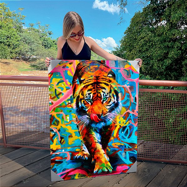 Quadro Decorativo Canvas Tigre Abstrato Colorido Vertical