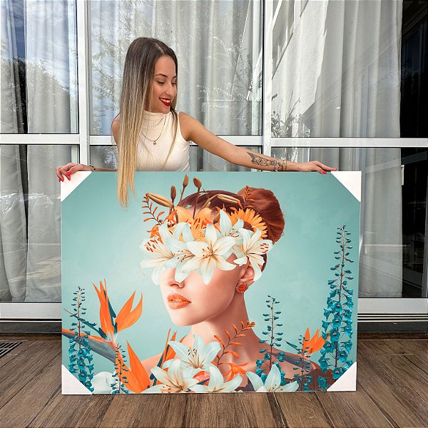 Quadro Decorativo Canvas Beleza Feminina Face Mulher Floral Horizontal