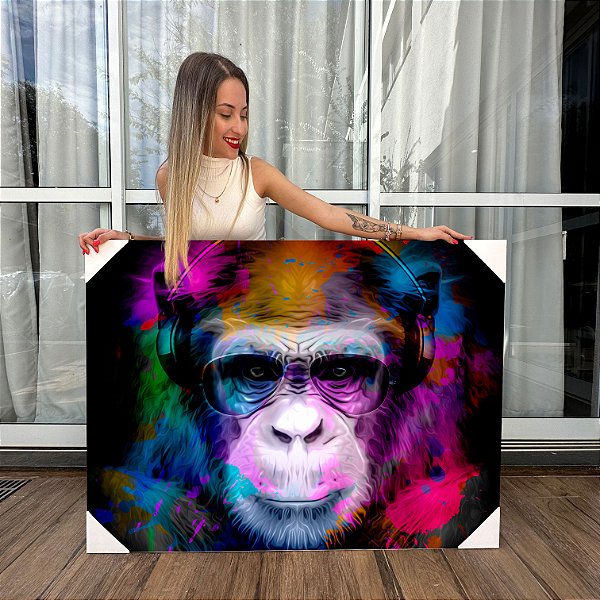 Quadro Decorativo Canvas Animal Abstrato Macaco Colorido Horizontal