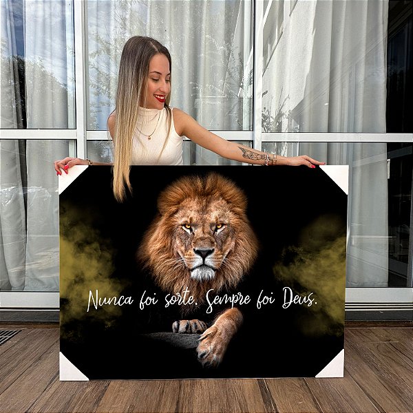 Quadro Decorativo Canvas Leão Frase Nunca foi Sorte sempre foi Deus Horizontal