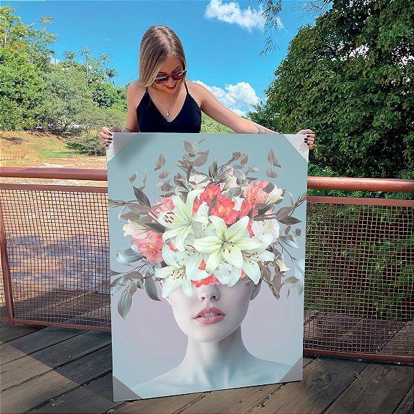 Quadro Decorativo Canvas Rosto Feminino Floral Beleza Feminina Abstrata Vertical