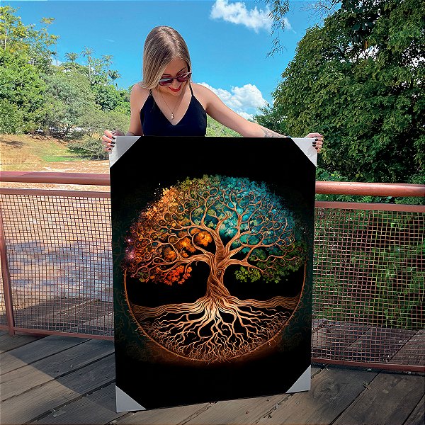 Quadro Decorativo Canvas Árvore da Vida Colorida Fundo Preto Vertical