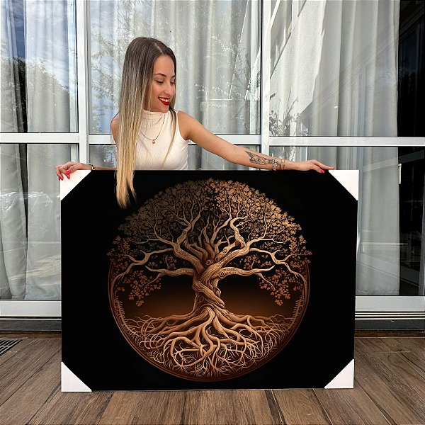 Quadro Decorativo Canvas Árvore da Vida Fundo Escuro Horizontal