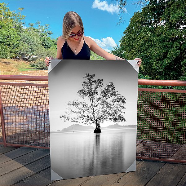 Quadro Decorativo Canvas Paisagem Árvore no Lago Preto e Branco Vertical