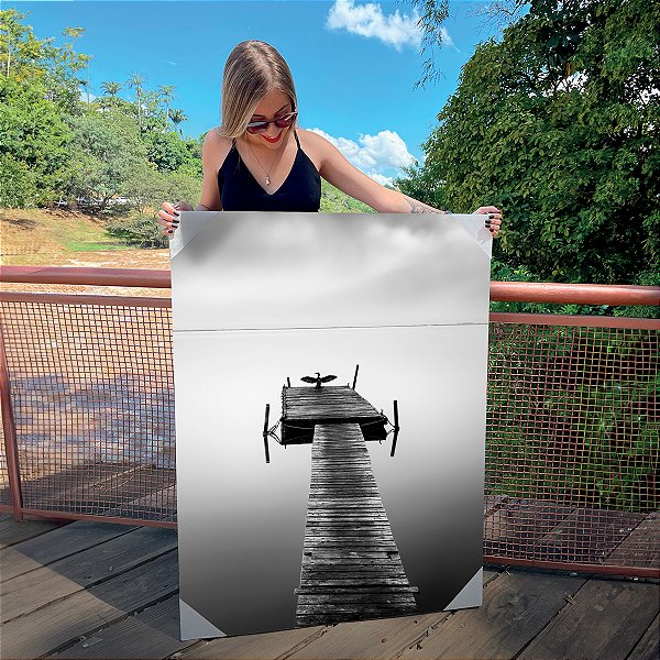 Quadro Decorativo Canvas Paisagem Ponte sobre Lago Preto e Branco Vertical