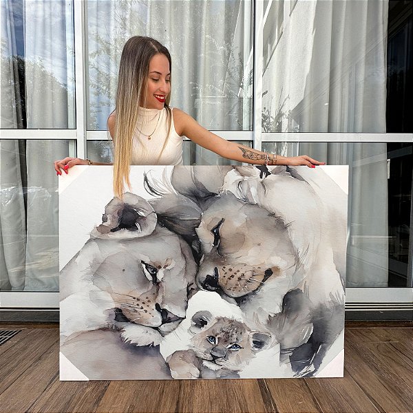 Quadro Decorativo Canvas Família Leão em momento de carinho Horizontal