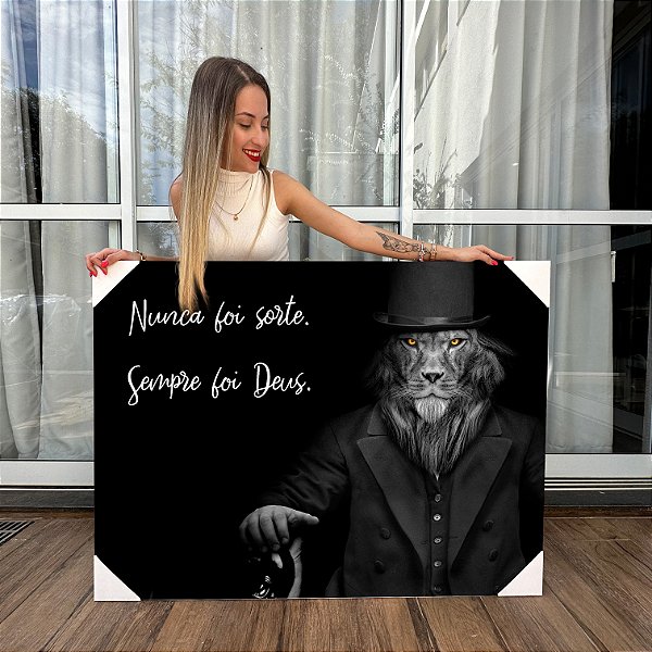 Quadro Decorativo Canvas Leão de Cartola Frase Nunca foi sorte sempre foi Deus Horizontal