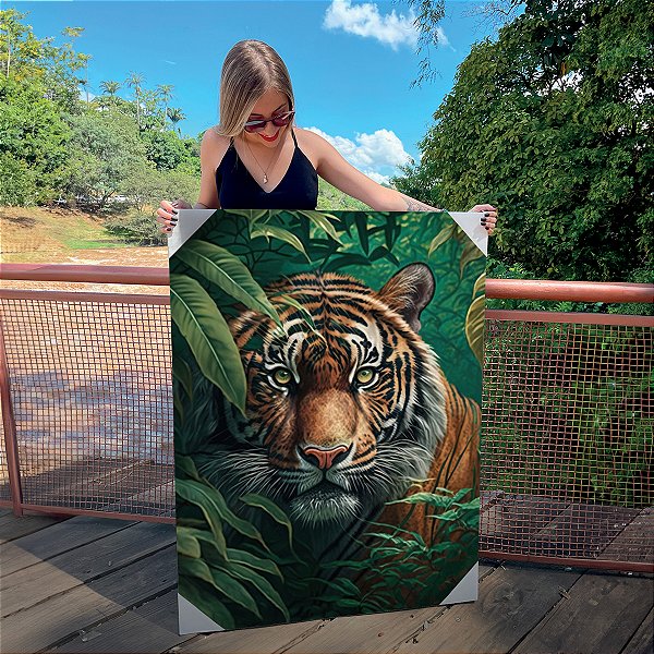 Quadro Decorativo Canvas Animal Face de Tigre Selvagem Colorido Vertical