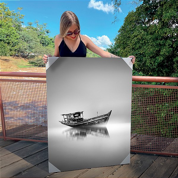 Quadro Decorativo Canvas Paisagem de Barco sobre o Lago Preto e Branco Vertical