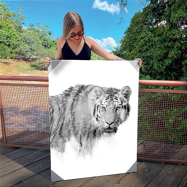 Quadro Decorativo Canvas Animal Tigre Feroz Preto e Branco Vertical
