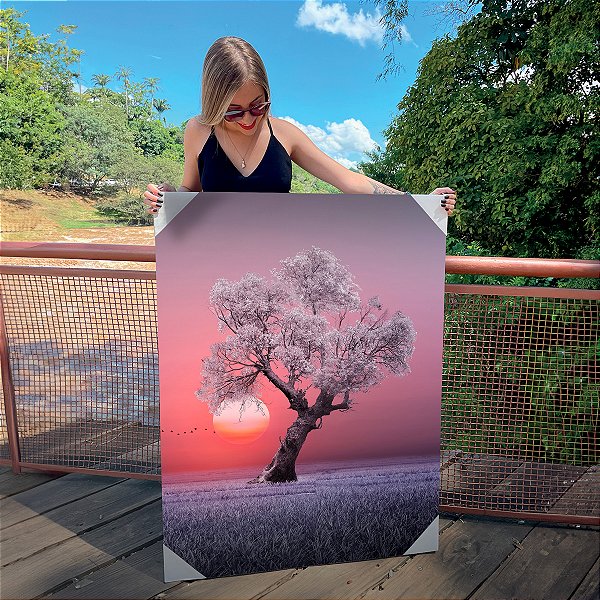 Quadro Decorativo Canvas Paisagem de Árvore ao Por do Sol Vertical