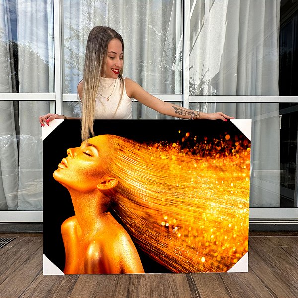 Quadro Decorativo Canvas Beleza Feminina Mulher Dourada Cabelo Voando Horizontal