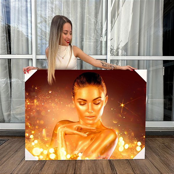 Quadro Decorativo Canvas Beleza Feminina Face de Mulher Dourada Shine Horizontal