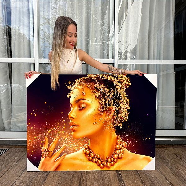 Quadro Decorativo Canvas Beleza Feminina Face de Mulher Dourada Joias Horizontal