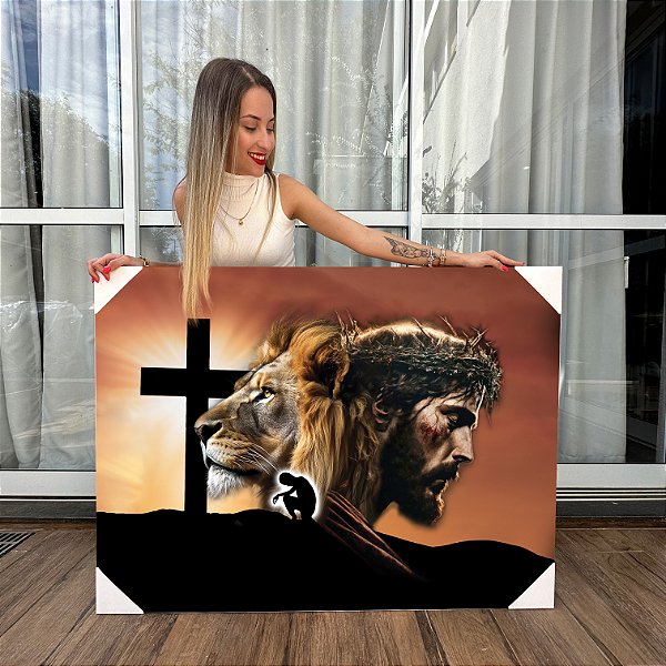 Quadro Decorativo Canvas Leão Tribo de Judá Cristo ao Pôr do Sol Horizontal