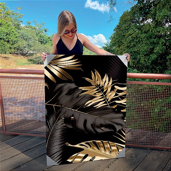 Quadro Decorativo Canvas Composição de Folhas Pretas e Douradas I Vertical