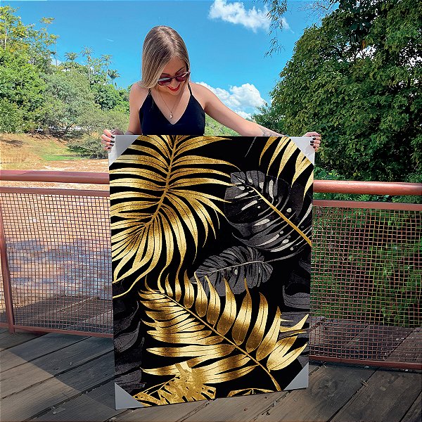 Quadro Decorativo Canvas Composição de Folhas Pretas e Douradas II Vertical