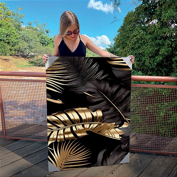 Quadro Decorativo Canvas Composição de Folhas Pretas e Douradas III Vertical