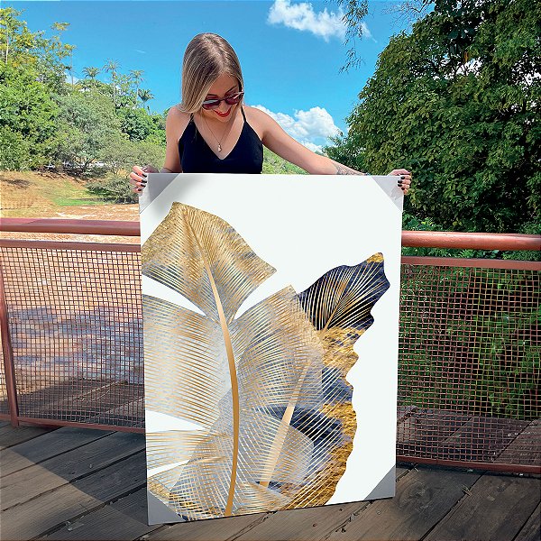 Quadro Decorativo Canvas Composição de Folhas Azuis com detalhes em Dourado Vertical
