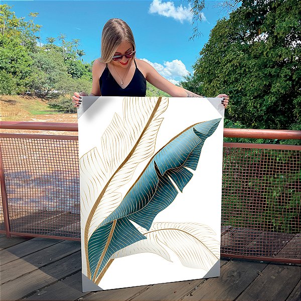Quadro Decorativo Canvas Composição de Folhagens Azuis com Dourado I Vertical