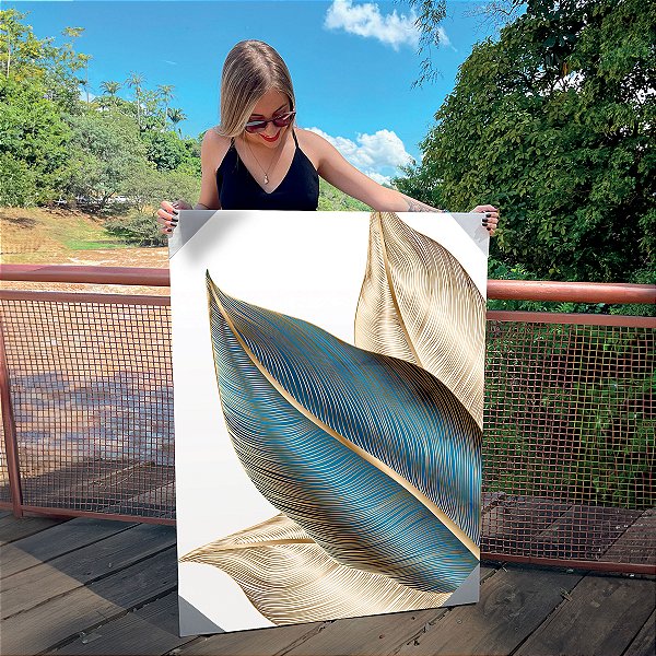 Quadro Decorativo Canvas Composição de Folhas com Detalhes Verdes e Dourados II Vertical