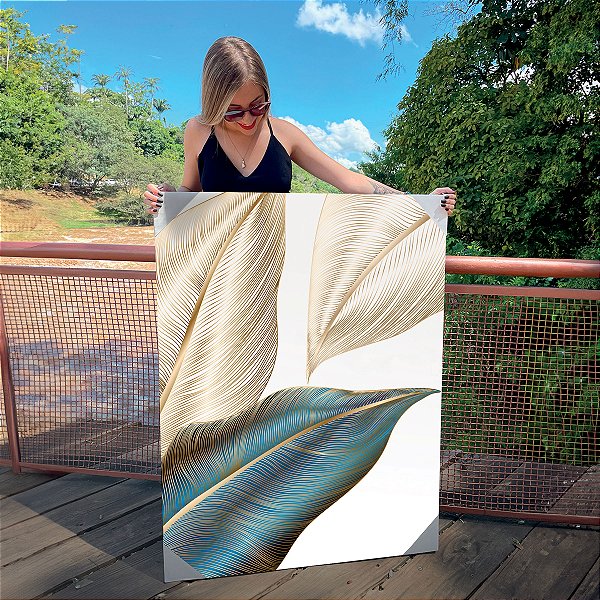 Quadro Decorativo Canvas Composição de Folhas Azuis em linhas Douradas Vertical