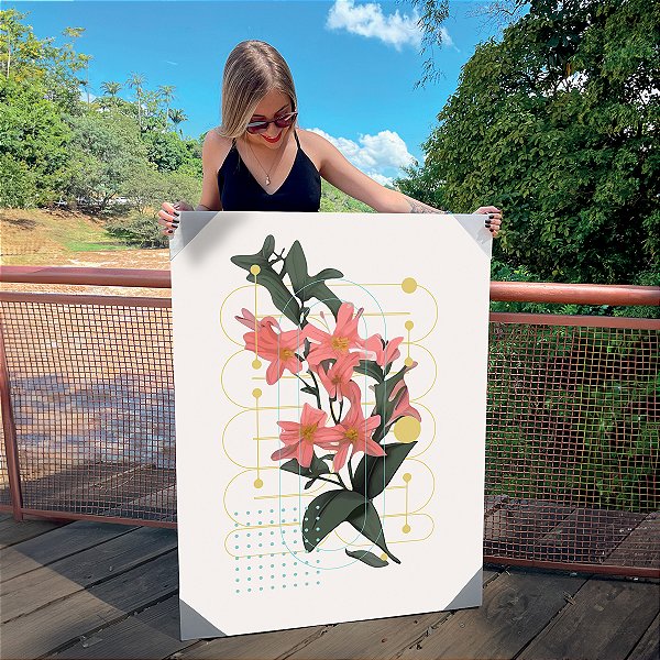 Quadro Decorativo Canvas Flores na cor Rosa em Composição Geométrica Vertical