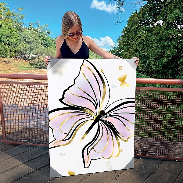 Quadro Decorativo Canvas Borboleta Rosa Shine  Vertical
