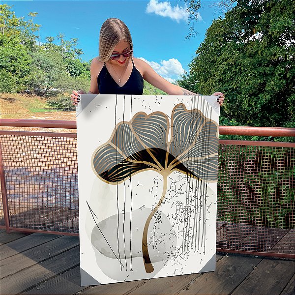 Quadro Decorativo Canvas Composição de Folhas de Ginkgo Biloba Preto Vertical