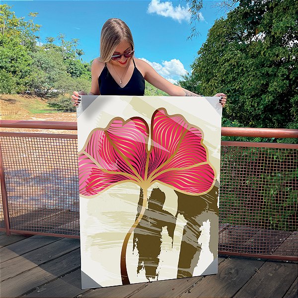 Quadro Decorativo Canvas Composição de Folhas de Ginkgo Biloba na Cor Rosa Vertical