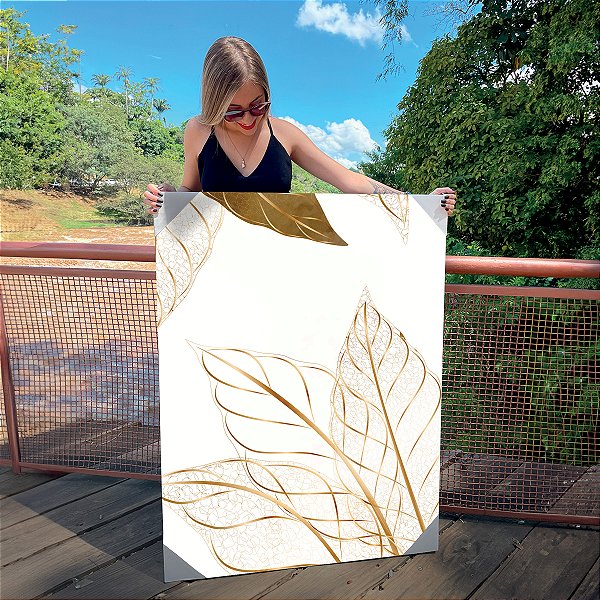 Quadro Decorativo Canvas Composição de Folhas Douradas em Fundo Branco I Vertical