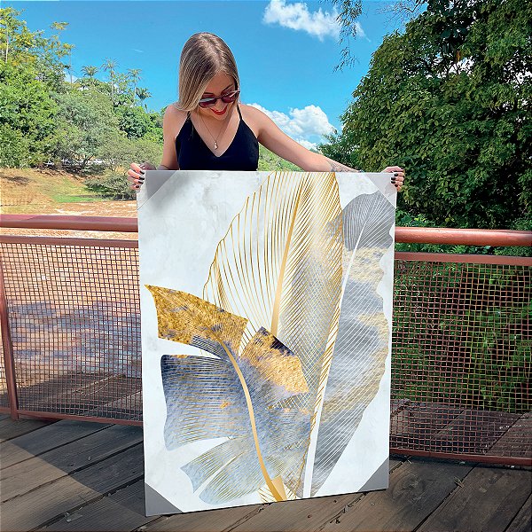 Quadro Decorativo Canvas Composição de Folhas Douradas e Azul Royal I Vertical