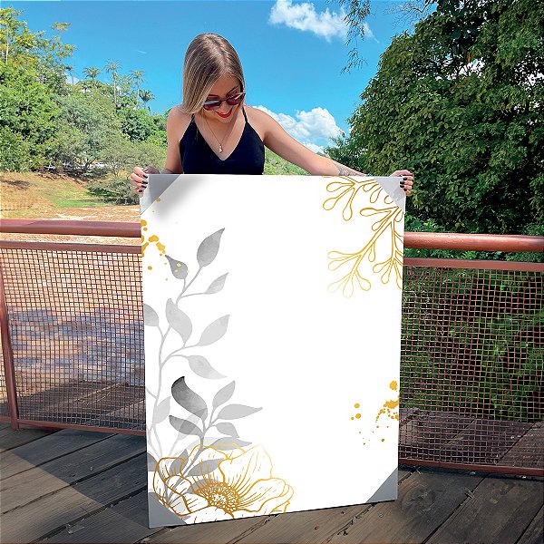 Quadro Decorativo Canvas Composição de Folhas e Flores Minimalistas com Cores Neutras Vertical