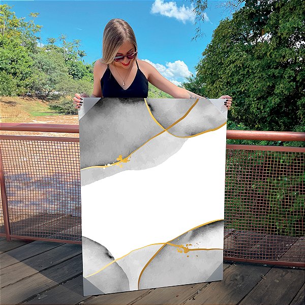 Quadro Decorativo Canvas Formas Abstratas Cinzas e Douradas Vertical