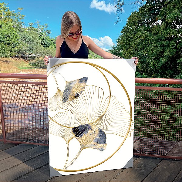 Quadro Decorativo Canvas Composição de Folhas Ginkgo Biloba Azuis e Dourado Vertical