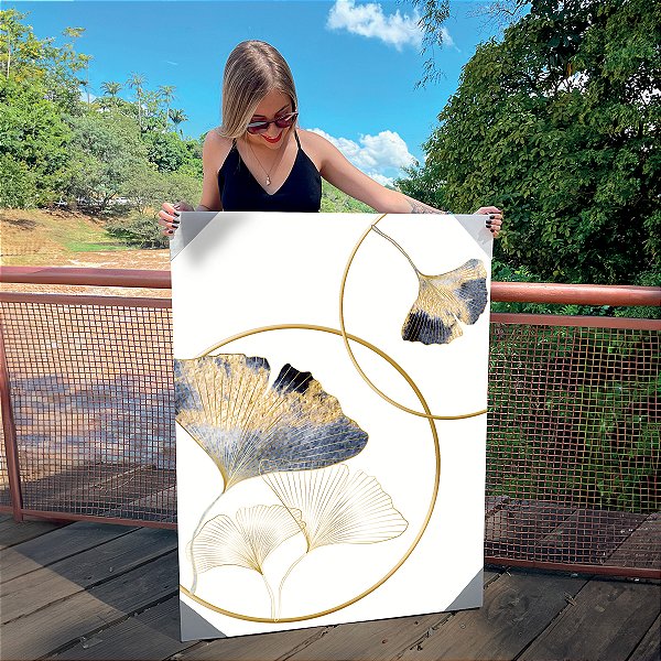 Quadro Decorativo Canvas Folhagens Douradas e Azuis Ginkgo Biloba II Vertical