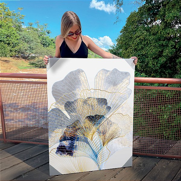 Quadro Decorativo Canvas Composição de Folhagens Douradas e Azuis de Ginkgo Biloba Vertical
