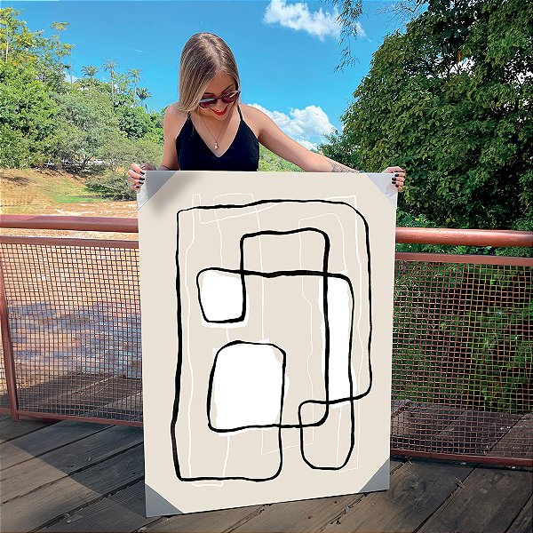 Quadro Decorativo Canvas Composição Abstrata de Formas Retangulares Cinza e Branco Vertical