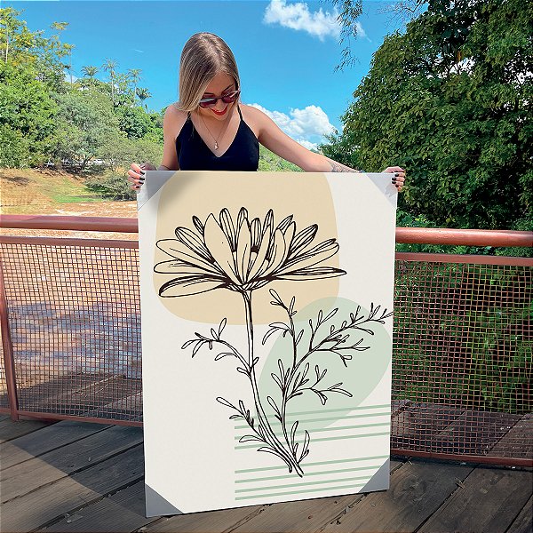 Quadro Decorativo Canvas Floral com Flor Minimalista e pequenas folhas Vertical
