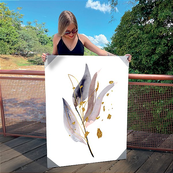 Quadro Decorativo Canvas Composição Abstrata de Folhas em Pinceladas e Traços Dourados Vertical