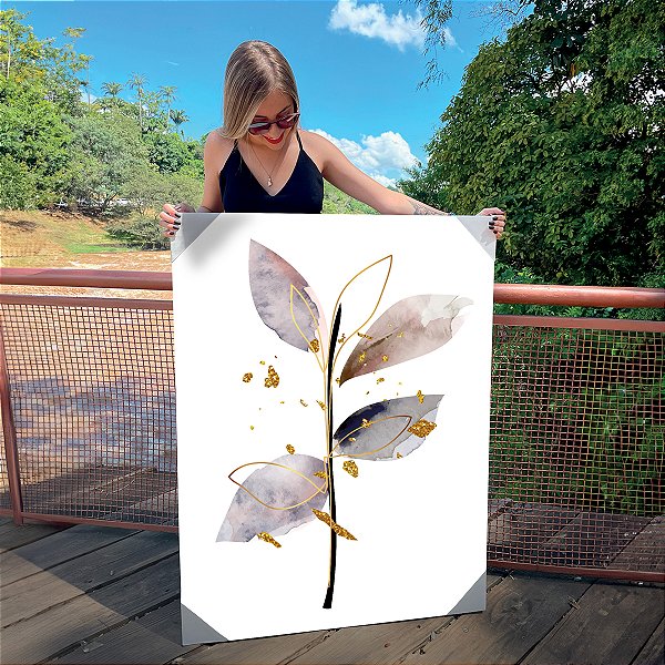 Quadro Decorativo Canvas Composição Abstrata de Folhas em Pinceladas e Traços Dourados III Vertical