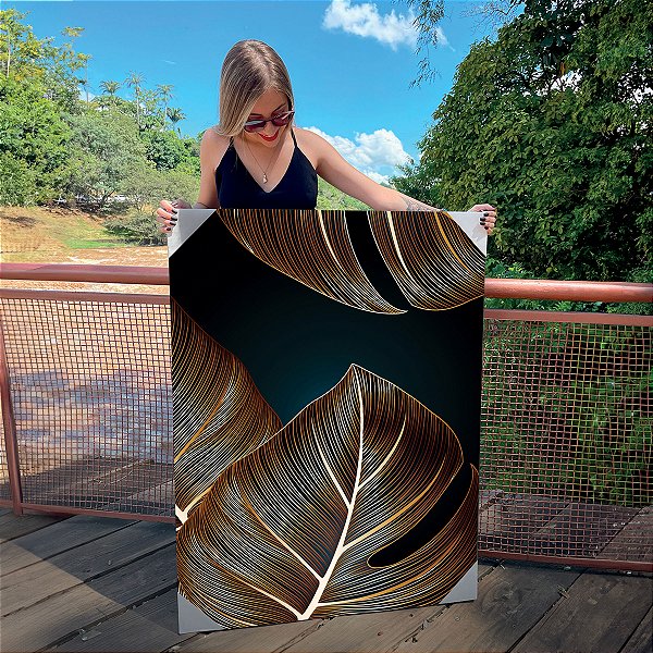 Quadro Decorativo Canvas Folhas Douradas Envelhecidas Fundo Preto I Vertical